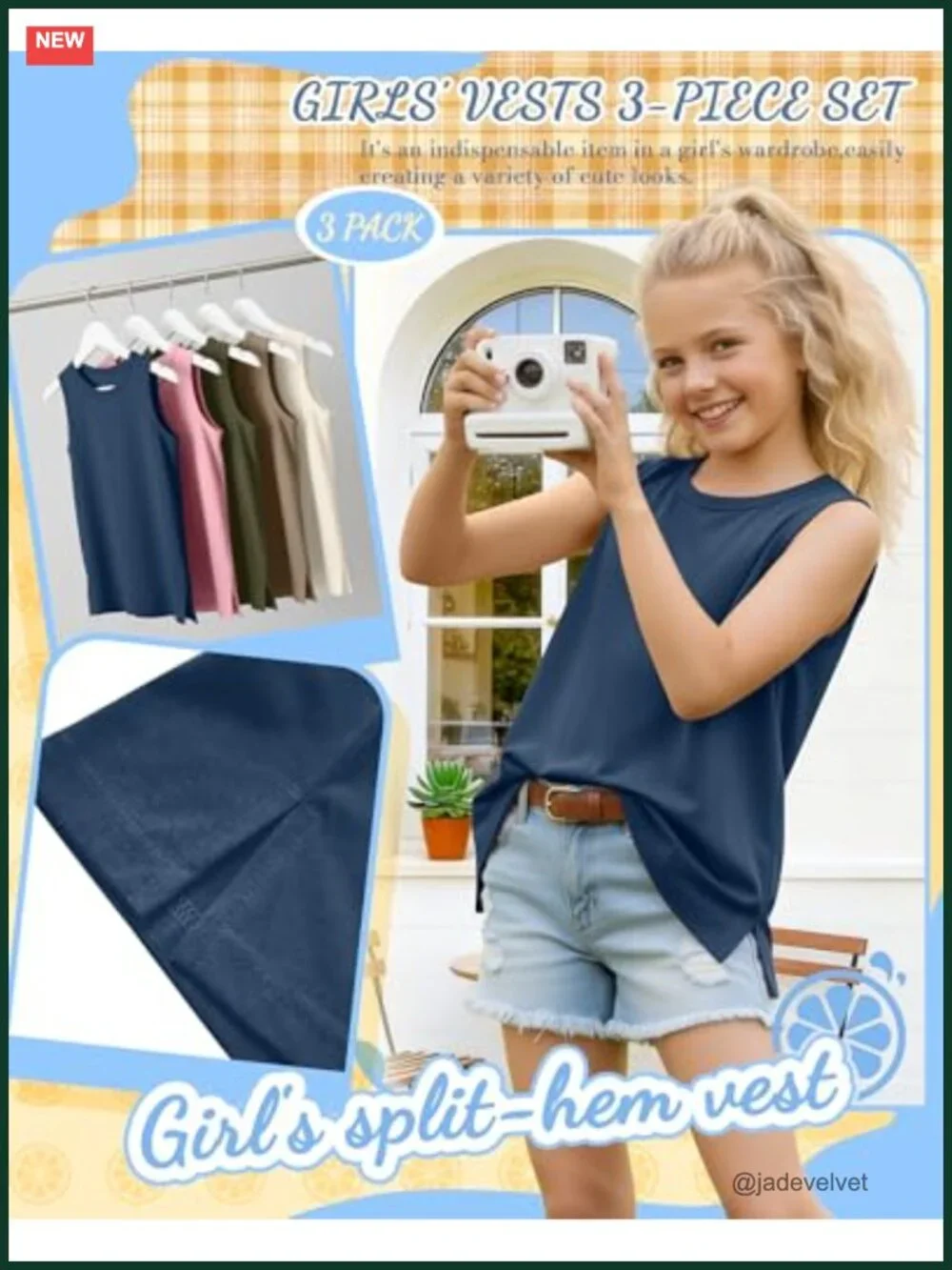 3 Pack Girls Tank Tops Sleeveless Crew Neck Loose Fit Summer Tees 5-14 Years